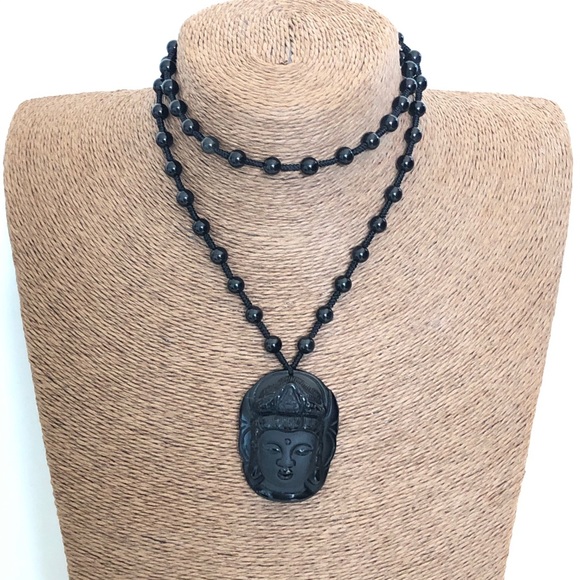 BUDDHA / SHIVA Handcrafted w Natural Black Onyx Knotted Long Necklace NWOT - Picture 3 of 8